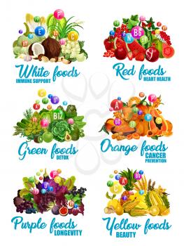 Color diet health benefits icons with white, red and orange, green, purple and yellow groups of vitamin and healthy food. Vector vegetables, fruits and nuts, cereal, spices and herbs. Dieting