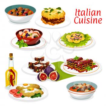 Italian cuisine main dishes of meat and vegetable, lasagna with cheese and tomato sauce, beef olives stew and seafood octopus salad. Vector turkey milanese with egg, dried fruits dessert and bean soup
