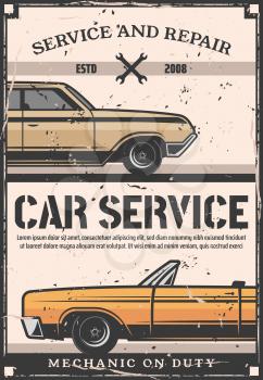 Car repair service, retro auto tuning and restoration, vehicle garage and mechanic workshop. Vector vintage sedan, automobile diagnostics and maintenance poster with spanner and wrench
