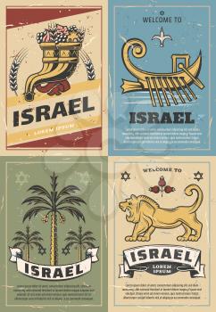 Welcome to Israel travel poster with jewish religion symbols. Star of David, Jerusalem lion of Judah and cornucopia with pomegranate, grape and wheat, date palm and boat of Zebulun pride. Vector theme