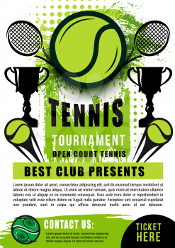 Tennis tournament poster with sport game ball, rackets and championship cup or winner trophy. Sporting competition match promotion vector design