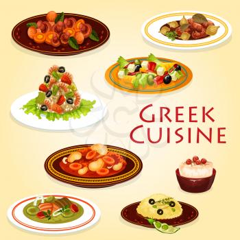 Greek cuisine seafood and meat dishes. Vector beef vegetable stew stifado, lamb leg with feta cheese and olives, shrimp risotto and fish soup, bean tomato stew, cod roe dip and garlic mushroom salad