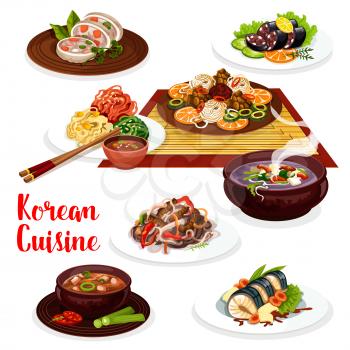 Korean cuisine kimchi, meat and fish dishes. Vector noodle bibimbap and chopsticks, grilled beef bulgogi and fried fish, tofu cheese and pork bean soups, blood sausage and stuffed squid