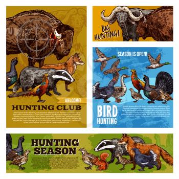 Hunting sport open season, animals and birds with hunter gun target. Duck, buffalo and pheasant, fox, bison and goose, grouse, quail and badger, partridge and squirrel vector sketch design