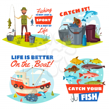 Fishing sport vector icons with fisherman, fish and boat. Fisher with rod, net and bucket full of salmon, perch and bass, trout, carp and bream. Fishing tour, fishery industry and hobby theme