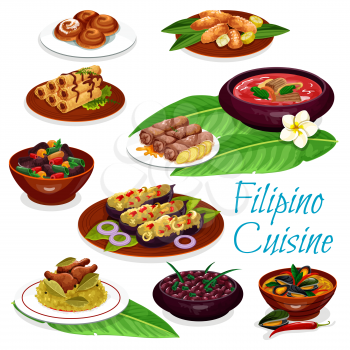 Filipino cuisine meat dishes and pastry dessert. Vector chicken rice adobo, pork and bean stews, meat egg roll, beef soup, eggplant omelette and mussels in coconut sauce, fried banana and apple bun