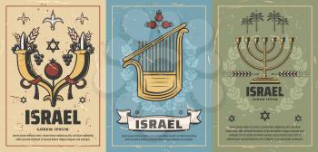 Israel retro posters with cornucopia full of pomegranate, grapes and wheat, musical instrument and candlestick. David star and tropical palms. Vintage shabby brochures for travel agency vector