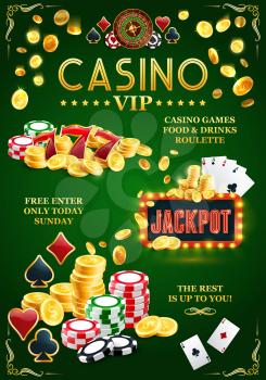 Jackpot casino poster, online VIP gambling club. Gold coins and chips, playing cards with suits or aces, roulette wheel. Gamble with drinks and food invitation to earn easy money by staking vector