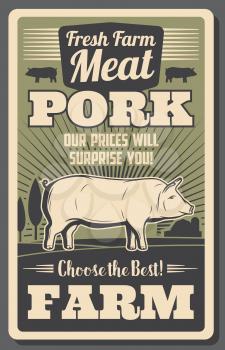 Meat farm poster with pork. Fat pig grown on ranch, organic butchery product vintage brochure. Natural food of rural animal origin retro leaflet with livestock animal with hooves vector