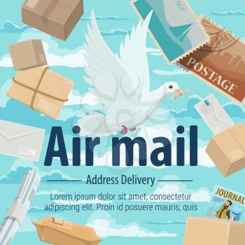 Air mail service poster for global delivery and air post. Dove or pigeon delivering mail on address, postcards and newspaper, parcels and box. Transportation, shipping and freight aircraft vector