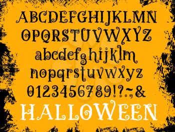 Halloween font of cartoon abc alphabet. Vector old curly hand drawn or grunge calligraphy retro set of letters, numbers and special symbols on uppercase and lowercase for Halloween holiday