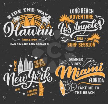 Surfing adventure club t-shirt design. Hawaii, Los Angeles in California or Miami and New York city. Vector retro design of surfer surfboard, water waves or summer palm beach and dolphins
