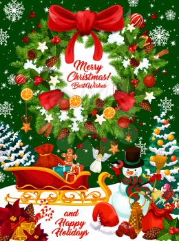 Christmas winter holidays greeting card with Xmas wreath and gift. Snowman with Santa sleigh and New Year presents, Christmas tree and holly berry garland with ribbon bow, snowflake and Xmas bell