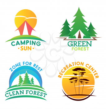 Camping and clean forest or recreation center icons. Forest campground park heraldic symbol with tent, firs or spruces, tall trees on sunset. Zones for rest signs, save eco friendly environment