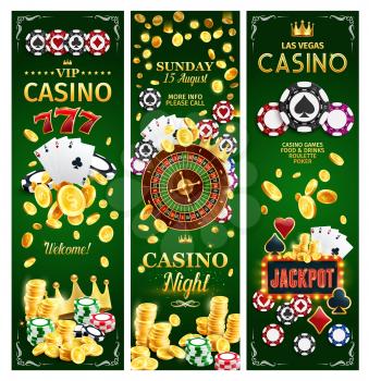 Casino jackpot gamble game with risk banners for online gambling. Vector of poker playing cards with suits, money and roulette wheel, slots and gold crown. Chips and gold coins to make stakes and win