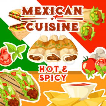 Mexican hot and spicy cuisine poster with dishes from Mexico. Enchiladas and taco, burrito and nachos, sandwiches with beans and tomatoes, mushroom and greenery. Exotic food and meals vector