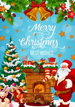 Merry Christmas greeting card for winter holiday season of Santa at fireplace chimney with gifts at Christmas tree. Vector golden bell decorations, poinsettia star and holly wreath on blue snow