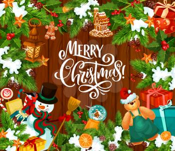 Merry Christmas greeting card with Santa gifts and snowman in Xmas tree ornaments. Vector gifts and decorations of gingerbread cookie man, house and candy cane with snowflakes on wooden background