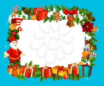 Christmas and New Year blank frame of Xmas tree wreath with gifts, toys and decoration ornament in snow. Vector frame design for merry Christmas and Happy New year wishes