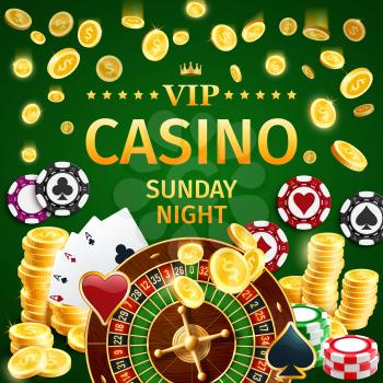 VIP online casino poster with roulette and gold coins, chips for stakes and aces play cards for poker or blackjack games. Private Internet gambling club for gamblers vector. Win money by taking risk