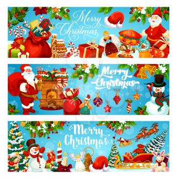 Christmas tree with gift, snowman and Santa banners of winter holiday. Xmas tree and holly berry with bell, snowflake and ribbon bow, hat, candy and sock, star, sleigh and snow for Xmas design