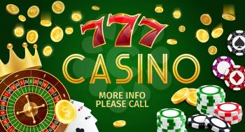 Online casino gamble game banner, Internet gambling. Vector of poker cards or aces, golden coins and roulette wheel, slots and gold crown. Chips to make stakes, earn easy money by risking