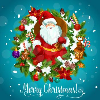 Santa Claus with sack of gifts on Merry Christmas poster with fir branches under snow and toys. Holly plant and lantern, cane candies and gingerbread cookie. Winter holiday greeting card vector