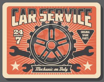 Car service and auto spare parts shop. Vector vintage design of engine cogwheel and vehicle wrench tools, transport mechanic garage station and everyday repair and tuning service