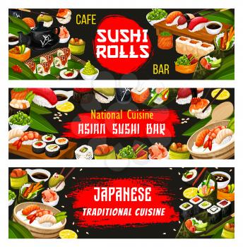 Japanese sushi bar banners for Asian national cuisine restaurant menu. Vector Japan traditional food dishes of sashimi roll with seafood, unagi maki or seaweed salad with wasabi, rice and chopsticks