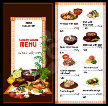 Korean cuisine traditional food menu. Vector beef dishes with starch noodles, fish in soy sauce, spicy kimchi soup and steamed sausage, hot soup with meat, stuffed squid with tricolor salad