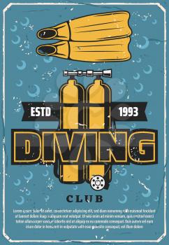 Diving sport club retro poster. Vector diver equipment, oxygen ballon and flippers. Scuba diving school or underwater adventure hobby on water background with bubbles