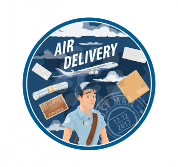 Air mail delivery mailman and postman profession, postage logistics. Vector airplane cargo or freight shipping parcel boxes with newspapers, magazines journals, postal stamps and letter envelopes