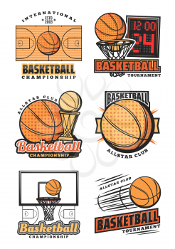 Basketball vector icons. Championship cup or sport team league tournament design. Vector orange basketball ball in net goal on arena with scoreboard, college or university match