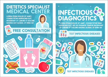 Dietetics specialist and infectious disease diagnostic medical center. Vector doctor and treatment pills, dietary health, bacteria or viruses medicine and test, medical equipment