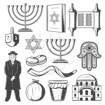 Judaism religious symbols. Vector Jewish religion icons of Hanukkah Menorah Hanukiyot lampstand, David Star or Torah scroll and Shofar horn, dreidel and Jew rabbi priest with hamsa hand amulet