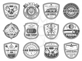 Auto service, spare parts and car garage station vector icons. Mechanic diagnostics and car tuning vector symbols, engine restoration, oil change, tire fitting and pumping, brakes replacement