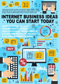 Internet business ideas and online web e-commerce startup development or freelance work statistics. Vector website technology, user files icons on laptop computer and search engine, SEO optimization infographic
