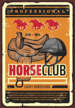 Horse club retro poster, horse jockey school or elite horserace training. Vector vintage design of jockey rider, equestrian equipment of saddle harness and equine rider hat