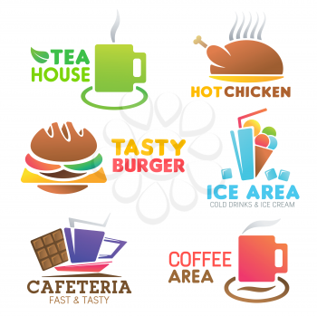 Fast food cafe vector icons. Vector fastfood coffee and cookie symbol, chocolate and ice cream dessert, burger with tea and chicken grill leg symbols