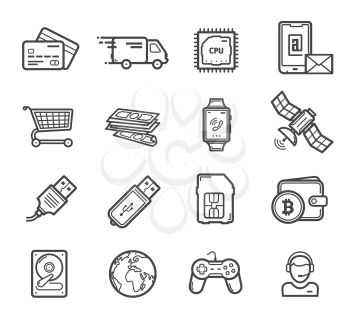Smart technology devices and digital innovation industry icons. Vector linear gadgets and credit card, delivery truck and computer, CPU chipset and smartphone shopping card, hard drive and satellite