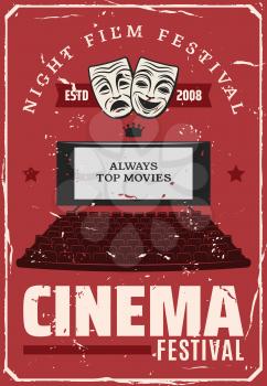 Cinema festival or movie premiere retro poster. Vector vintage cinema theater hall with chairs and projection screen with comedy and tragedy masks, cinematography award stars