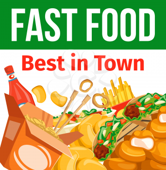 Fast food combo meal, takeaway dishes and sauce. Vector Chinese noodles, nuggets and Mexican tacos, french fries and salad, onion rings and ketchup. Fastfood cafe or bistro menu template, junkfood