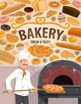 Bakery shop and baker man at oven or fire furnace baking pizza on wooden spatula. Vector baked bread and pastry desserts with sweet cakes and cookie, wheat bagel donut and bun, croissant and muffin