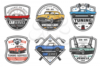 Car service and garage station icons. Vector retro badges of vehicle diagnostics, car mechanic tuning or restoration, wrenches and spare parts of engine, piston and spark plug shop