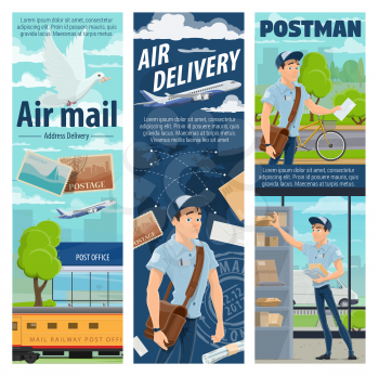 Air mail delivery and mailman profession, postage logistics. Vector cargo airplane and train freight shipping parcel boxes with newspaper, magazines and letter envelopes