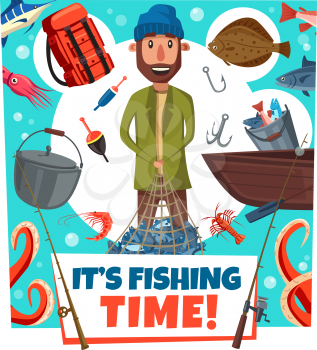 Fishing time cartoon poster of man with boat, and fish catch on lures and tackles. Vector design of seafood crab or octopus and marlin, fishing rod and hooks with camp haversack