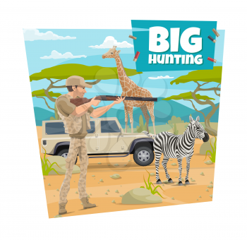 African safari hunt adventure, open season poster. Vector hunter man in hat shooting with rifle gun on wild animals zebra and giraffe, in Africa savannah