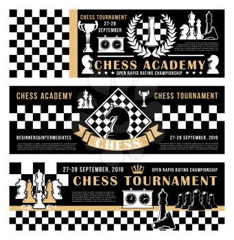 Chess academy or tournament and championship. Vector banners of horse and bishop, queen and pawn, rook and king crown on chessboard strategy. Background with score clock on