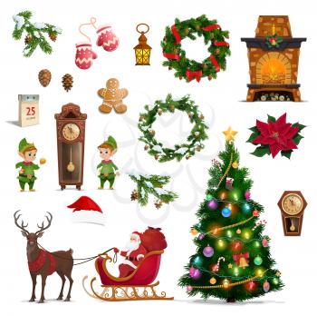 Christmas and New Year vector symbols of winter holidays. Santa, gifts and Xmas tree with bells, candy and balls, red hat, pine wreath and gingerbread, candle, poinsettia, reindeer sleigh and elves