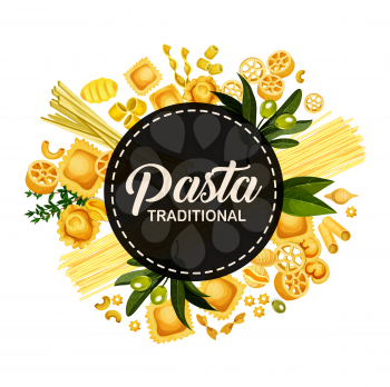 Italian pasta menu cover design, Italy traditional cuisine restaurant spaghetti, fettucine and ravioli. Vector pasta tagliatelle, lasagna or linguine and pappardelle with farfalle. Round banner